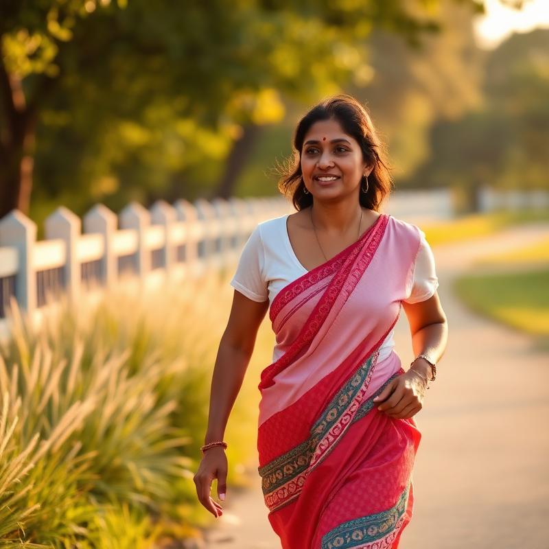 Indian woman walking outdoors for weight balance